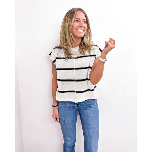 Womens Cap Sleeve Tank Tops Striped Crew Neck Casual Loose Fit Spring - Picture 4 of 7